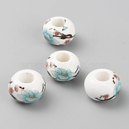 Handmade Porcelain European Beads, Large Hole Beads, Rondelle with Flower Pattern, White, 14x9mm, Hole: 5.5mm(PORC-TAC0003-02)