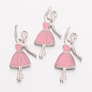 Alloy Enamel Pendants, Lead Free and Cadmium Free, Ballerina, Platinum Color, Pink, about 32mm long, 13mm wide, 2mm thick, hole: 1.5mm(EAP1635Y)