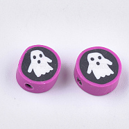 Halloween Theme Handmade Polymer Clay Beads, Flat Round with Ghost, Orchid, 10~11x5mm, Hole: 1.5mm(X-CLAY-S091-76)