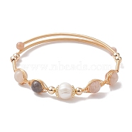 Natural Moonstone Round Beaded Cuff Bangle, Golden Brass Wire Wrapped Bangle, Inner Diameter: 2 inch(5~5.15cm)(BJEW-JB10113-01)