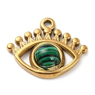 Natural Malachite Eye Pendants, Golden Plated 304 Stainless Steel Eye Charms, 16.5x20x5mm, Hole: 1.6mm(STAS-Q249-01G-02)
