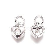Brass Pendants, with Cubic Zirconia and Jump Rings, Heart, Clear, Platinum, 7x6x2mm, Hole: 3mm(ZIRC-I038-35P)