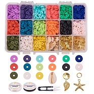 DIY Jewelry Set Kits, with Eco-Friendly Handmade Polymer Clay Heishi Beads, Brass Spacer Beads, Cowrie Shells, Alloy Pendants, Iron Jump Rings, Elastic Crystal Thread, Steel Scissors, Mixed Color, Disc Beads: 4x1mm, Hole: 1mm(DIY-SC0009-74A)