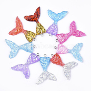 Resin Pendants, with Glitter Powder and Iron Findings, Mermaid Tail Shape, Platinum, Mixed Color, 46x30x6mm, Hole: 2mm(CRES-T010-68)