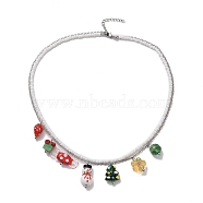 Glass Seed Beaded & 304 Stainless Steel Cable Chain Double Layer Necklace, Gift & Tree & Snowman Lampwork Pendants Christmas Necklace for Women, Colorful, 16.81 inch(42.7cm)(NJEW-TA00074)