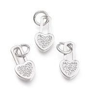 Brass Micro Pave Cubic Zirconia Pendants, with Jump Ring, Heart Lock, Clear, Real Platinum Plated, 12.8x6.5x1.7mm, Ring: 5x0.7mm, Hole: 3.3mm(X-KK-P187-07P)