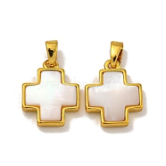 Rack Plating Brass Natural White Shell Pendants, Cross, Golden, 15.5x12.5x3mm, Hole: 5X2.5mm(KK-U025-03G-01)