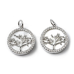 Brass Cubic Zirconia Pendants, with Shell, Flat Round with Tree Charm, Platinum, 17.5x16x2.5mm(KK-K334-01P)