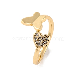 Butterfly & Heart Brass Micro Pave Cubic Zirconia Open Cuff Ring for Women, Real 18K Gold Plated, Inner Diameter: 17mm(RJEW-U003-02G)