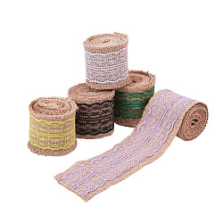 Burlap Ribbon, Hessian Ribbon, Jute Ribbon, with Lace, for Jewelry Making, Mixed Color, 2-1/8 inch(55mm), about 2m/roll, 5rolls/set(OCOR-NB0001-12)