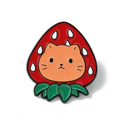 Black Alloy Brooches, Cat Shape with Strawberry Enamel Pins, for Backpack Clothes, Light Salmon, 30x26x1.5mm(JEWB-G036-09A)