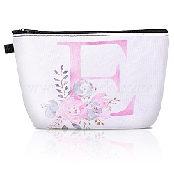 Flower & Letter Pattern Polyester Cosmetic Zipper Pouches, Clutch Bag, Toilet Bag for Women, White, Letter E, 21.2x15.2x0.3cm(ABAG-TAC0035-03E)