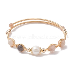 Natural Moonstone Round Beaded Cuff Bangle, Golden Brass Wire Wrapped Bangle, Inner Diameter: 2 inch(5~5.15cm)(BJEW-JB10113-01)