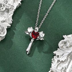 Brass Cubic Zirconia Wing Cross Pendant Necklaces for Women, Red, 15.83 inch(40.2cm)(NJEW-C067-07P-01)