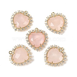 Natural Rose Quartz Faceted Heart Pendants, Rack Plating Brass Micro Pave Clear Cubic Zirconia Charms, Golden, Rack Plating, 24x21x7mm, Hole: 1.5mm(G-I382-03G-02)