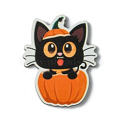 Halloween Single Face Printed Wood Big Pendants, Cat Shape with Pumpkin Charms, Tomato, 54.5x43x2.5mm, Hole: 2.5mm(WOOD-H103-01)
