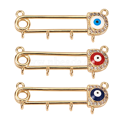 3Pcs 3 Colors Rack Plating Brass Micro Pave Cubic Zirconia Brooch Finding, Real 18K Gold Plated Kilt Pins with Enamel Evil Eye & 4 Loops, Mixed Color, 40x13x4mm, Hole: 1.8mm, 1pc/color(KK-TA0001-32)