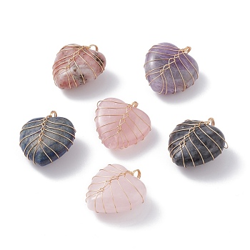 Natural Mixed Gemstone Pendants, with Real 18K Gold Plated Eco-Friendly Copper Wire, Heart, 34x30.5x17mm, Hole: 5.5mm