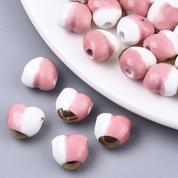 Two Tone Handmade Porcelain Beads, Ornamental with Gold, Heart, Pink, 14x14x10mm, Hole: 3mm