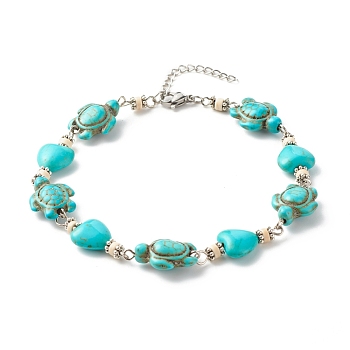Heart & Tortoise Synthetic Turquoise Beaded Anklet, Adjustable Anklet for Women, Platinum, Cyan, 10 inch(25.5cm)