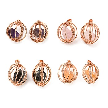 Natural Mixed Stone Pendants, Ball Charms with Rack Plating Rose Gold Plated Brass Findings, Lead Free & Cadmium Free, 32.5~33.5x28.5~30.5x24~26.5mm, Hole: 8.5x5mm