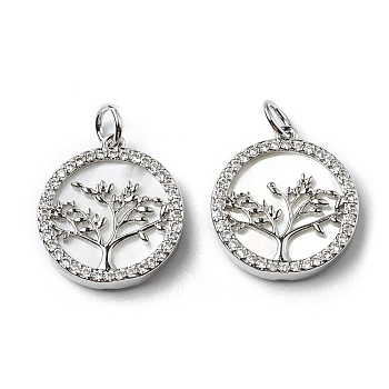 Brass Cubic Zirconia Pendants, with Shell, Flat Round with Tree Charm, Platinum, 17.5x16x2.5mm