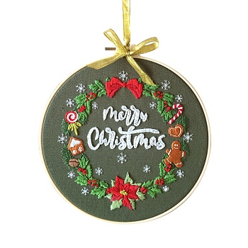 Christmas Themed DIY Embroidery Sets, Including Imitation Bamboo Embroidery Frame, Iron Pins, Embroidered Cloth, Cotton Colorful Embroidery Threads, Word, 30x30x0.05cm