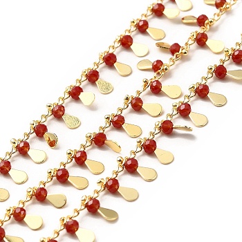 Glass Beaded Teardrop Charm Chains, with Real 18K Gold Plated Brass Curb Chains, Soldered, with Spool, Dark Red, 1.5mm