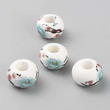 Handmade Porcelain European Beads, Large Hole Beads, Rondelle with Flower Pattern, White, 14x9mm, Hole: 5.5mm