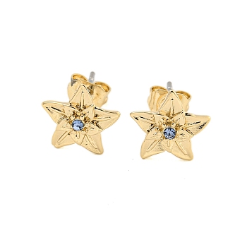 Brass Micro Pave Cubic Zirconia Ear Studs, Flower, Golden, Cornflower Blue, 9.5mm