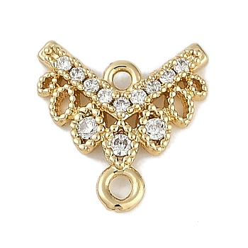 Brass Clear Cubic Zirconia V Shaped Connector Charms, Real 18K Gold Plated, 12x11.5x2mm, Hole: 1mm and 1.4mm