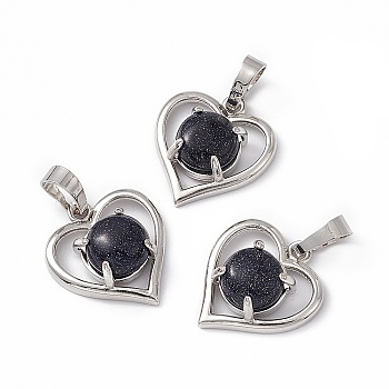 Synthetic Blue Goldstone Pendants, Heart Charms, with Platinum Tone Brass Findings, Cadmium Free & Nickel Free & Lead Free, 21.5x19.5x7.5~8mm, Hole: 7.5x5mm
