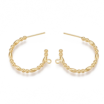 Brass Stud Earring Findings, Half Hoop Earrings, with Loop, Nickel Free, Real 18K Gold Plated, 25x25x2.5mm, Hole: 1.5mm, Pin: 0.8mm