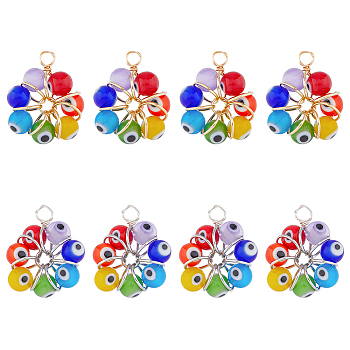 8Pcs 2 Style 7 Chakra Handmade Evil Eye Lampwork Pendants, Copper Wire Wrapped Charms, Mixed Color, 29.5x25x10mm, Hole: 2.8mm, 4pcs/style