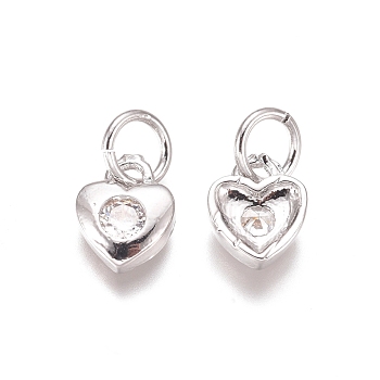 Brass Pendants, with Cubic Zirconia and Jump Rings, Heart, Clear, Platinum, 7x6x2mm, Hole: 3mm