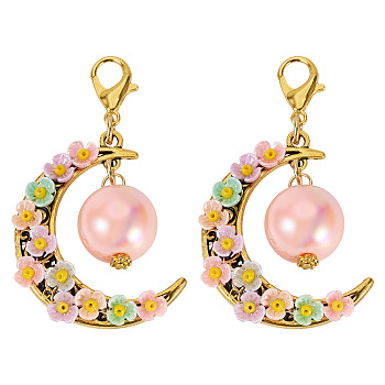 2Pcs Acrylic & Resin Imitation Pearl & Alloy Pendant Decorations, Moon with Flower, with Alloy Lobster Claw Clasps, Light Salmon, 59mm