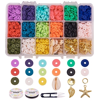 DIY Jewelry Set Kits, with Eco-Friendly Handmade Polymer Clay Heishi Beads, Brass Spacer Beads, Cowrie Shells, Alloy Pendants, Iron Jump Rings, Elastic Crystal Thread, Steel Scissors, Mixed Color, Disc Beads: 4x1mm, Hole: 1mm
