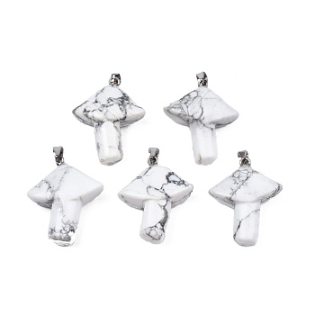 Natural Howlite Pendants, with Stainless Steel Snap On Bails, Mushroom, Stainless Steel Color, 27.5~28.5x23~25x9.5~10.5mm, Hole: 3x5mm