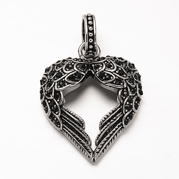 Antique Silver Plated 304 Stainless Steel Rhinestone Pendants, Heart with WingJet, 39.5x31x7mm, Hole: 6.5x10mm
