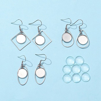 DIY Geometry Dangle Earrings Making Kit, Including Oval & Rhombus & Teardrop 304 Stainless Steel Earring Hooks, Glass Cabochons, Stainless Steel Color, 14Pcs/bag