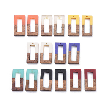 8 Colors Resin & Walnut Wood Pendants, Rectangle, Mixed Color, 27~28x14.5x3~4mm, Hole: 1.5mm, 2pcs/color, 16pcs/set