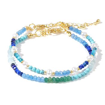 2Pcs Bohemian Style Natural Mixed Stone & Pearl Beaded Bracelet Sets, Blue, 6-1/2~6-3/4 inch(16.5~17cm)