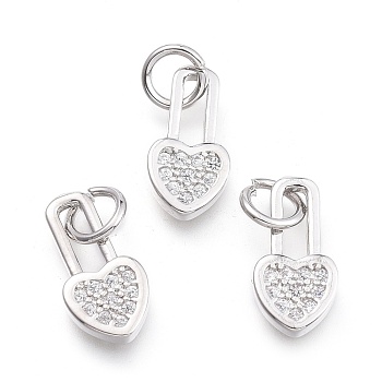 Brass Micro Pave Cubic Zirconia Pendants, with Jump Ring, Heart Lock, Clear, Real Platinum Plated, 12.8x6.5x1.7mm, Ring: 5x0.7mm, Hole: 3.3mm