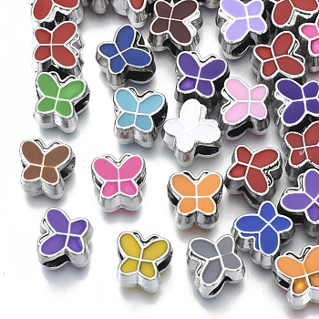 UV Plating Acrylic European Beads, with Enamel, Large Hole Beads, Mixed Color, Butterfly, Platinum, 10x11x8mm, Hole: 5mm