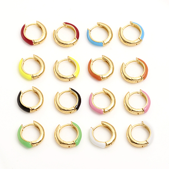 Brass Enamel Huggie Hoop Earrings, Ring, Golden, Mixed Color, 14x3.5mm, Pin: 1mm