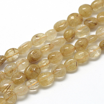 Natural Gold Rutilated Quartz Beads Strands, Oval, 6~10x4~7x4~7mm, Hole: 1mm, about 43~62pcs/strand, 15.7 inch