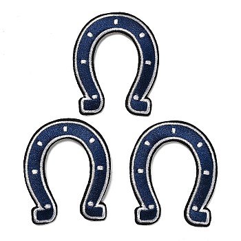 Horseshoe Embroidery Style Cloth Iron on/Sew on Patches, Appliques, Badges, for Clothes, Dress, Hat, Jeans, DIY Decorations, Prussian Blue, 70x57x1.5mm