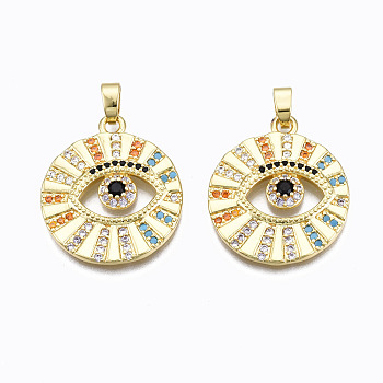 Brass Micro Pave Clear Cubic Zirconia Pendants, Nickel Free, Flat Round, Real 16K Gold Plated, 24x21x2.5mm, Hole: 3mm