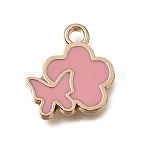 Alloy with Enamel Charms, Flower with Butterfly Charms, Rack Plating, Golden, Pink, 13x12x1.5mm, Hole: 1.6mm(AL-CBA2F44-07G-01)