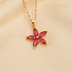 Plum Blossom Flower Brass Cubic Zirconia Pendant Necklaces for Women, Golden, Cerise, 15.75 inch(40cm)(FS-WG57E4E-03)